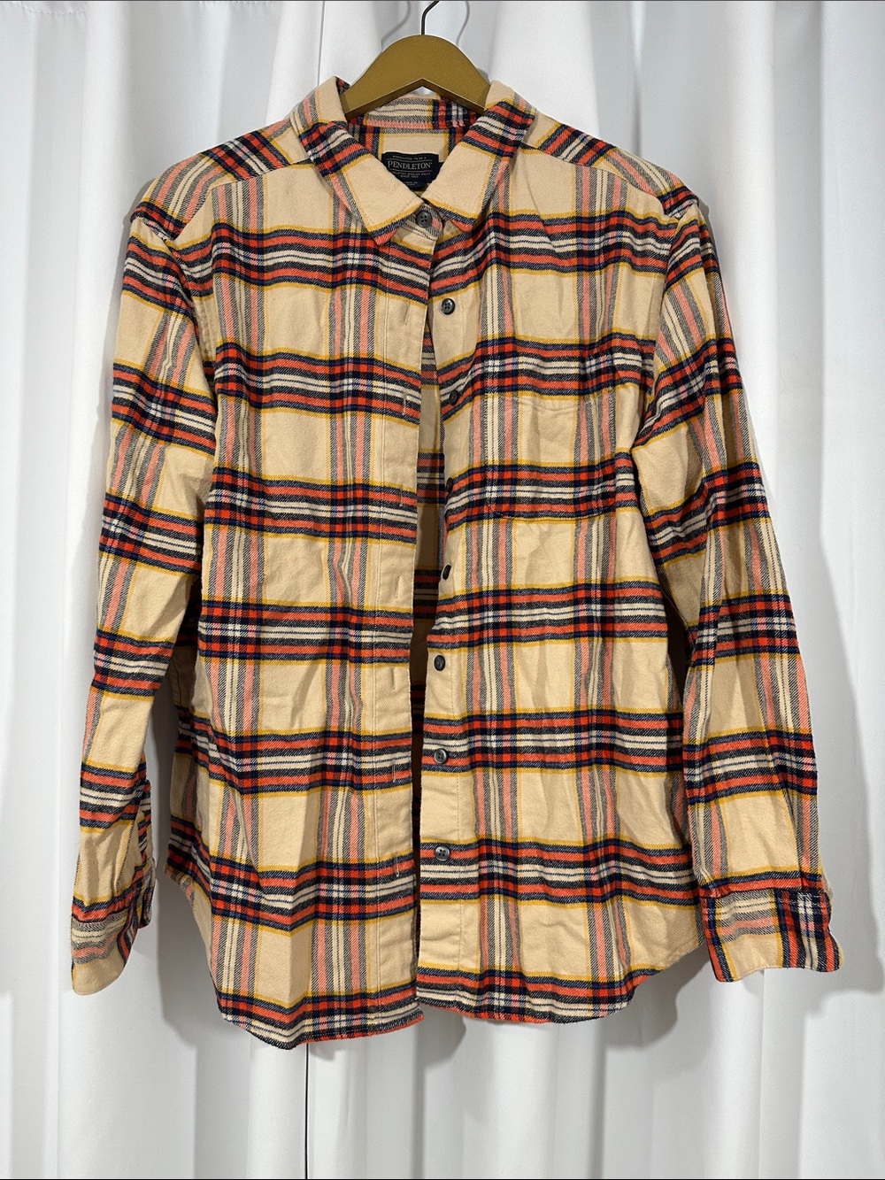 Pendleton Plaid Button Front Shirt Size L Beige Orange Blue Cotton Flannel